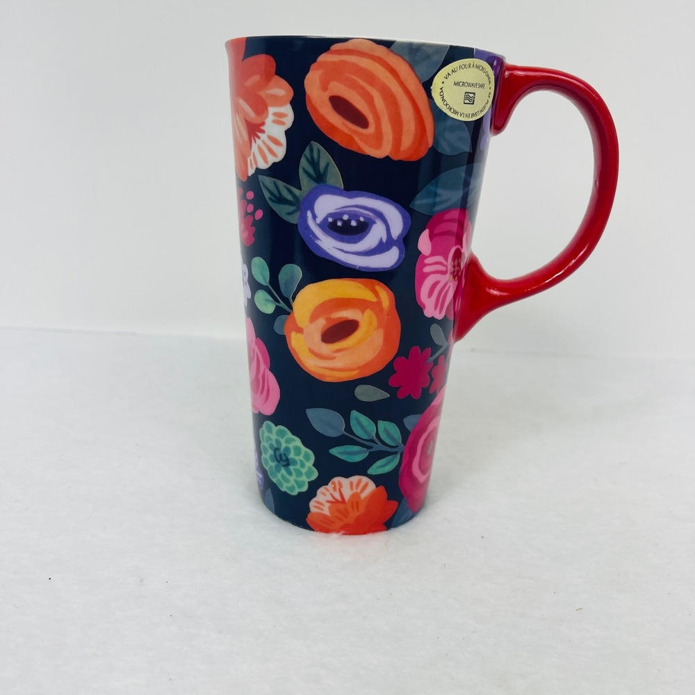 Cypress Home Floral Ceramic Latte Mug Navy Blue Red Handle Microwave Safe 6.5in